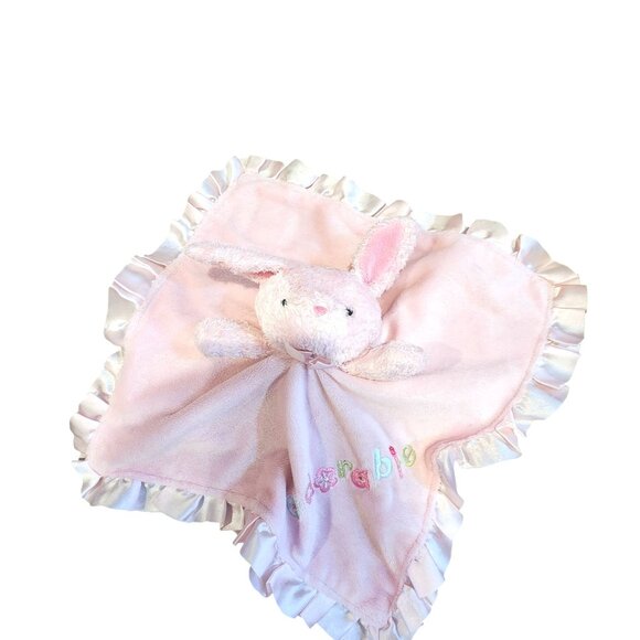 Pink Bunny Plush Baby Security Blanket W/ Satin Trim & "Adorable" Embroidery - Picture 1 of 3